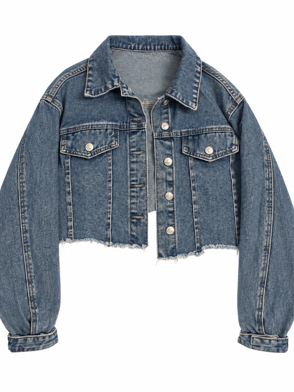 SHEIN Distressed Cropped Denim Jacket - Blue